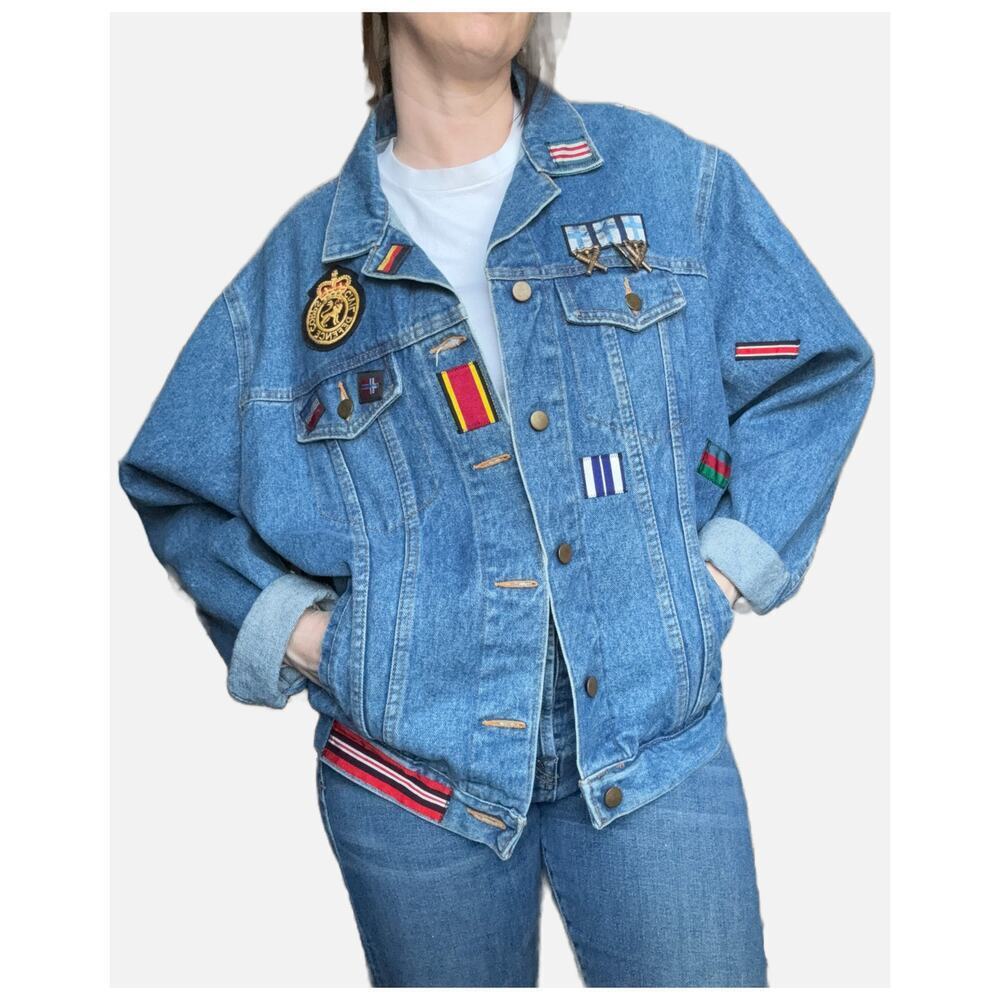 VTG Neiman Marcus Designer's Collection Denim Jacket Patches Military Medium